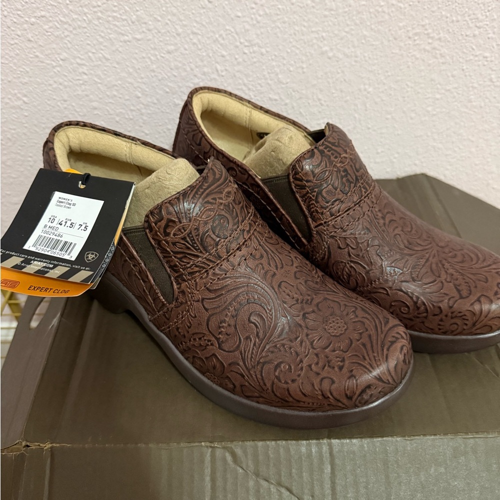 Ariat Expert Clog SD Tooled Brown Leather Comfort Slip On Shoes